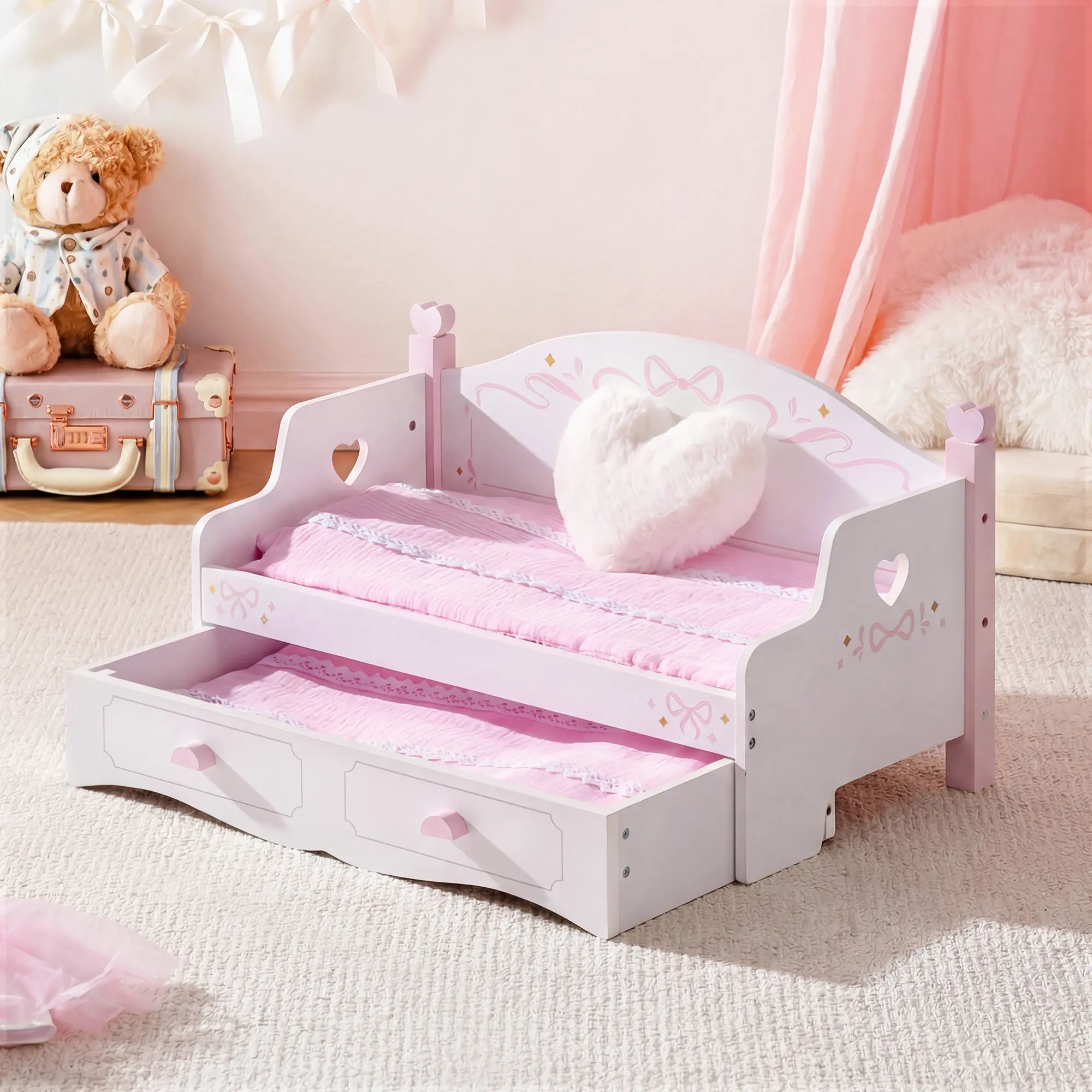 ROBUD Wooden All-in-One Baby Doll Doll Bunk Bed Sofa with Mattress, Wooden Baby Doll Beds for 18 Inch Dolls, Pink Baby Doll Bunk Bed Sofa, American Girl Doll Bed for Gifts