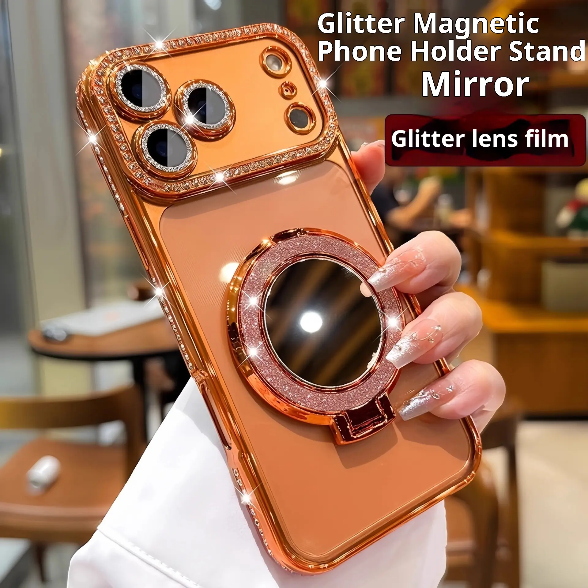 Nordic Luxury Glitter Mirror Magnetic Stand Cellphone Cover - Customized TPU Casing for iPhone 17,16,15,14,13 Pro Max, Rhinestone Finish, Screen Protector, Phone Accessories