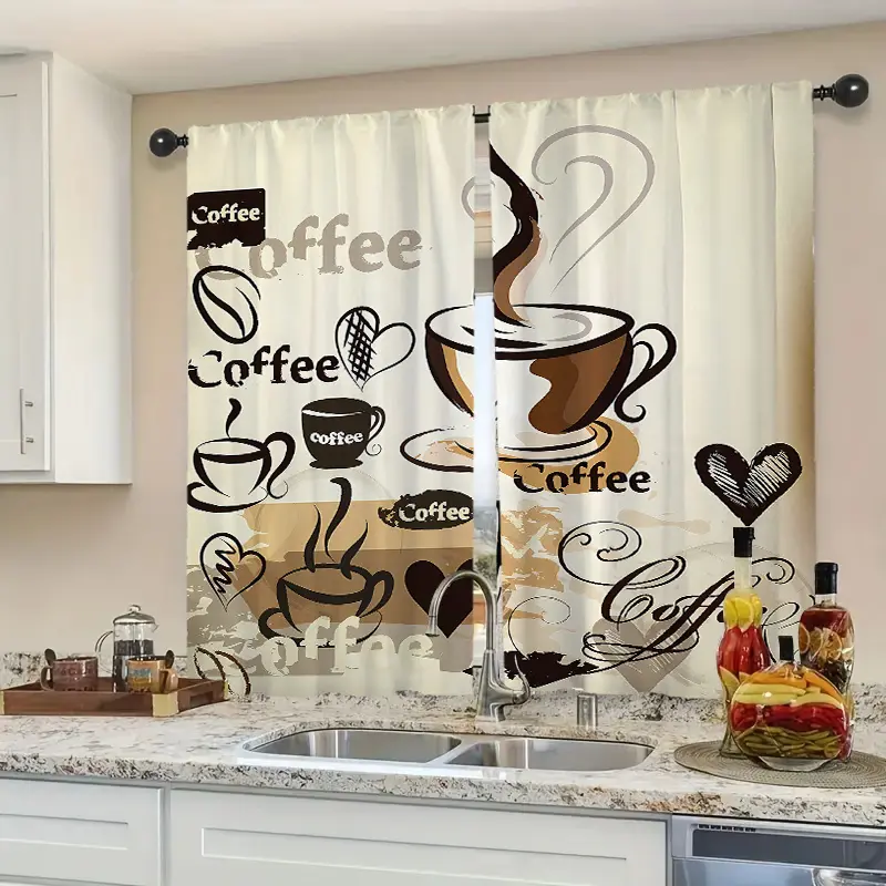 2pcs Modern Coffee-Themed Blackout Curtain Panel Set - Machine Washable Polyester, Rod Pocket Design, Stylish Graphic Print Drapes, Home Decoration Curtain for Kitchen Decor Ideas