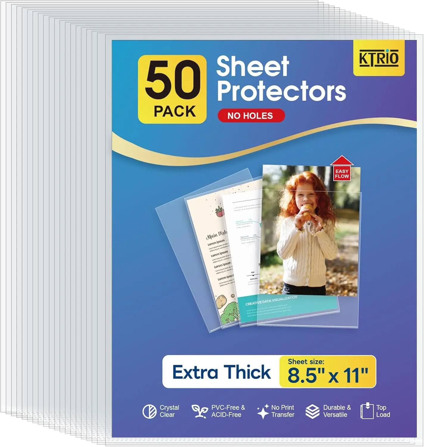 No Holes Sheet Protectors, 8.5 x 11 Inch, 50 or 100 Pack, 3.2 Mil Extra Thick Clear Polypropylene Document Sleeves, Top Loading, Acid-Free, PVC-Free, Archival Safe, Heat-Welded Seams for Office, School and Home