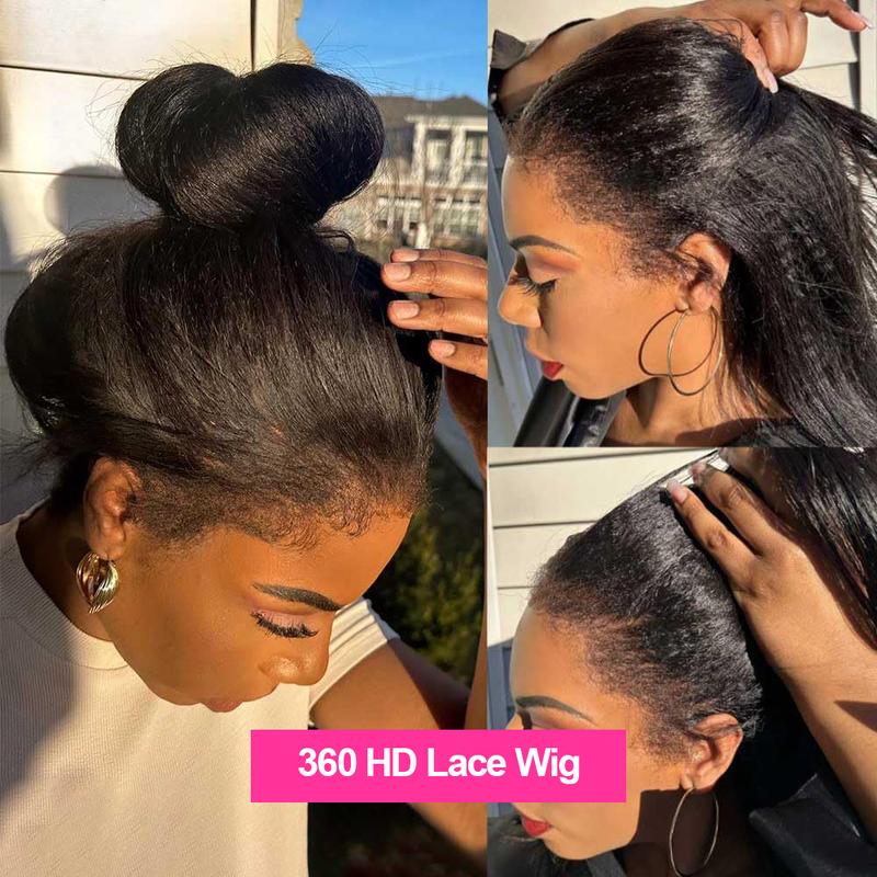 Kinky Straight 13x6 Lace Front Human Hair Wigs Invisi Strap 360 Full Lace Glueless Wig Kinky Straight Pre Cut Pre Plucked 360 Lace Frontal Wig 180 Density Brazilian Yaki Straight Glueless Wig For Black Women
