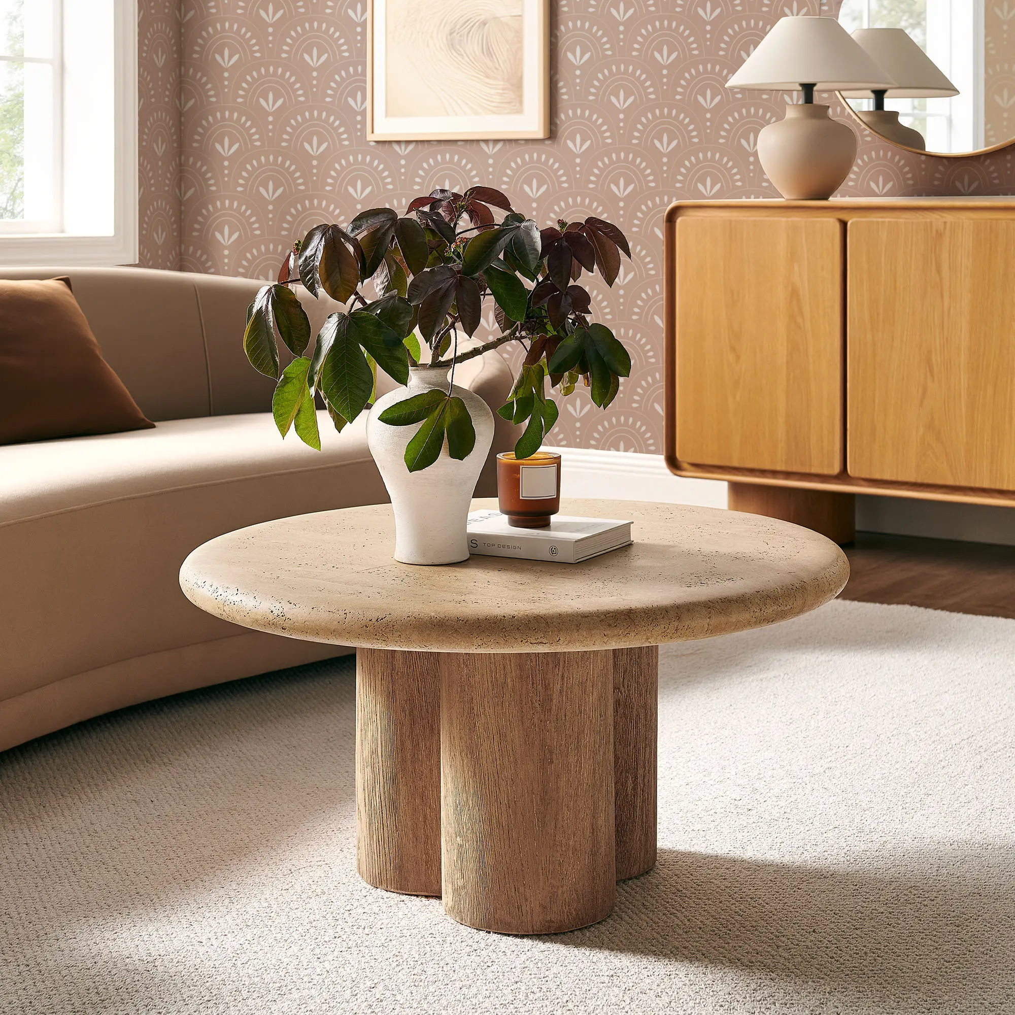 Tori 31 Inch Round Indoor and Outdoor Coffee Table in Travertine