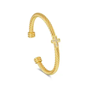Aprilery Cross Charm Twisted Cuff Bracelet – Textured Cable Band, Sparkling Accent Cross, Open Adjustable Fit, Eye-Catching Minimalist Style