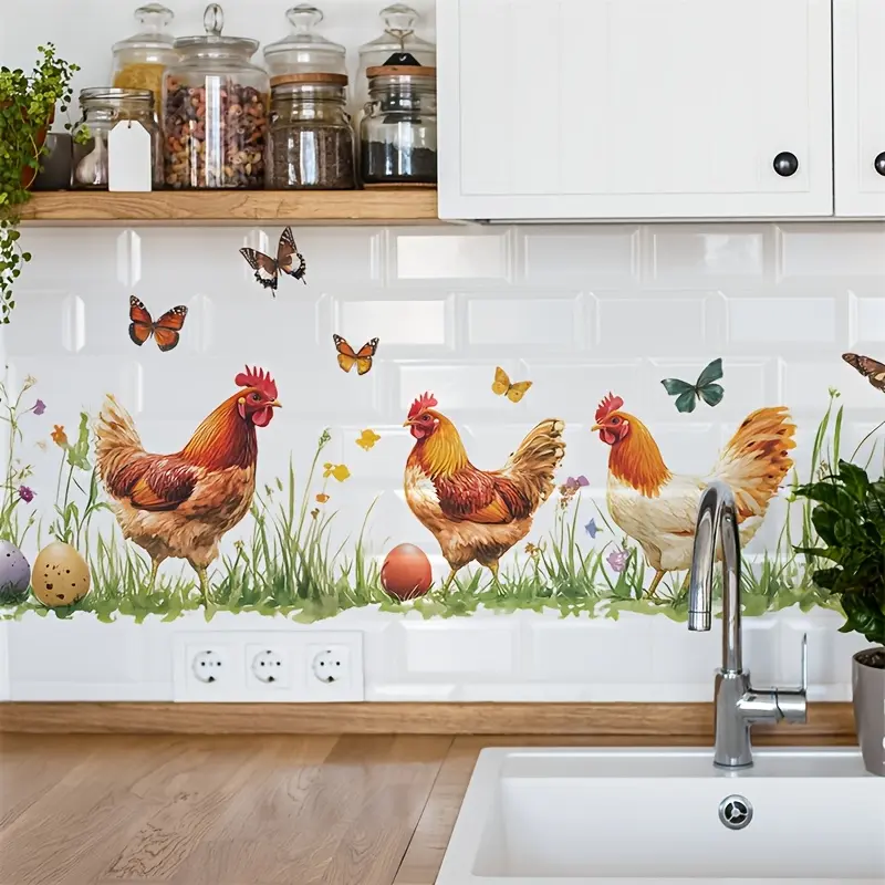 [Rustic Chicken Stickers] Irregular Colorful Art Deco Aesthetic Farmhouse Chicken Pattern PVC Self-Adhesive Wall Stickers Set, Easy to Install, Ideal for Kitchens, Perfect Home Decor