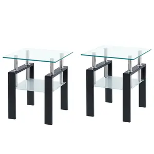 Modern Tempered Glass Tea Table Coffee Set of 2 Square Table for Living Room Transparent Black 8mm Top 5mm Shelf 17.71x17.71x20.47in Easy Assembly