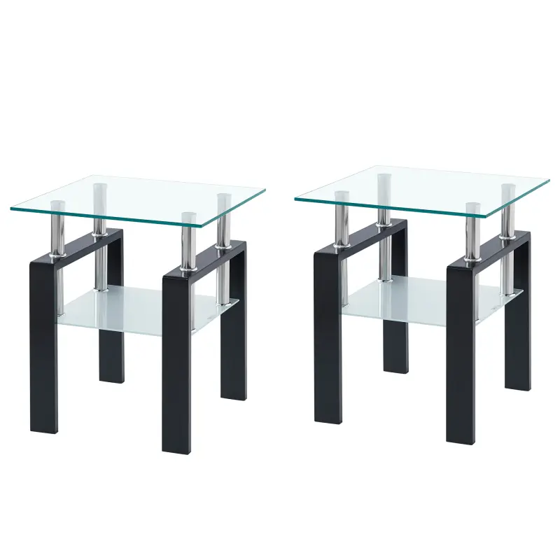 Modern Tempered Glass Tea Table Coffee Set of 2 Square Table for Living Room Transparent Black 8mm Top 5mm Shelf 17.71x17.71x20.47in Easy Assembly