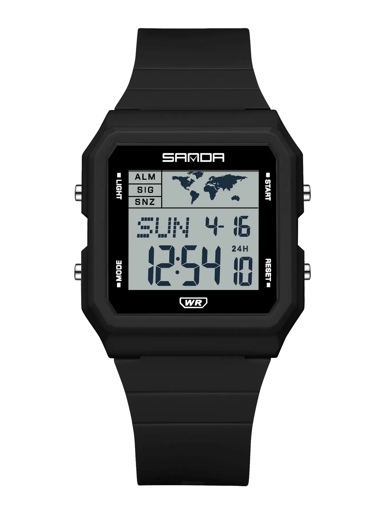 Sanda 2217 Retro Square Electronic Watch, World Map Dial, 50m Waterproof Wrist Watch, Dual Time Zone, Night Light, Thin Student Watch