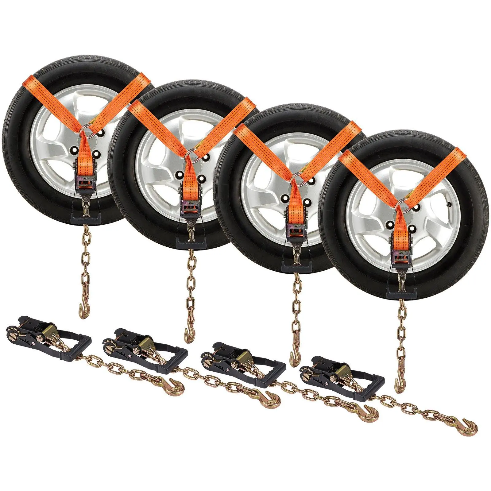 【Summerfinds】VEVOR Heavy-Duty Car Tie Down Straps with Chain Anchors, 2"×120" Lasso Style, 5865 LBS Working Load, 11023 LBS Breaking Strength, Ratchets for Truck, Automobile Maintenance, Cargo Securing, Transportation, 4-Pack, Secure Loads
