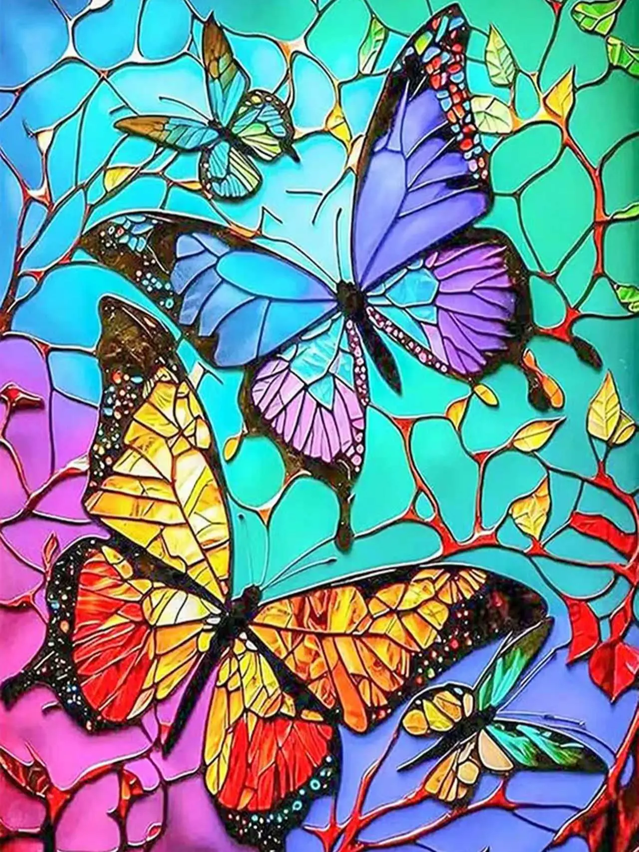 Vintage Stained Glass Butterflies Unisex DIY Diamond Art Kit - 11.8"x15.7", DIY Kits for Needlework Crafts, Collectibles for Living Rooms, Crafting