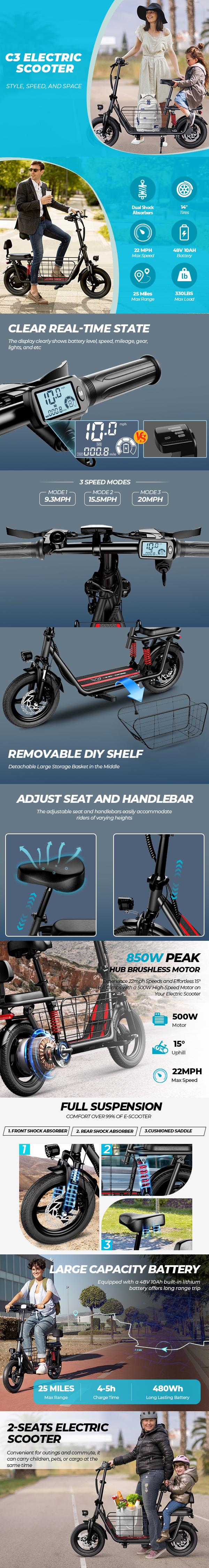 WINDHORSE C3 Folding Electric Scooter with Seat for Adults, 850W Peak, 14” Tire, 25 Miles Max Range, 22 MPH, Dual Suspension, 3 Gear Speed, Adjustable E Scooter with Seat and Basket for Commuting, 330lbs Load