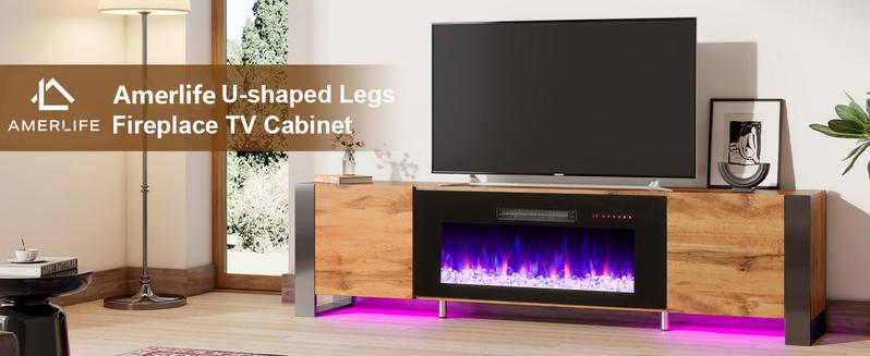 [Ships in 2 Boxes] AMERLIFE U-Shaped Legs Fireplace TV Stand, Media Console with Electric Fireplace and LED Lights, Modern Entertainment Center with Storage Shelf, Apartment Furniture/Best Gift Ideas/Christmas Gifts