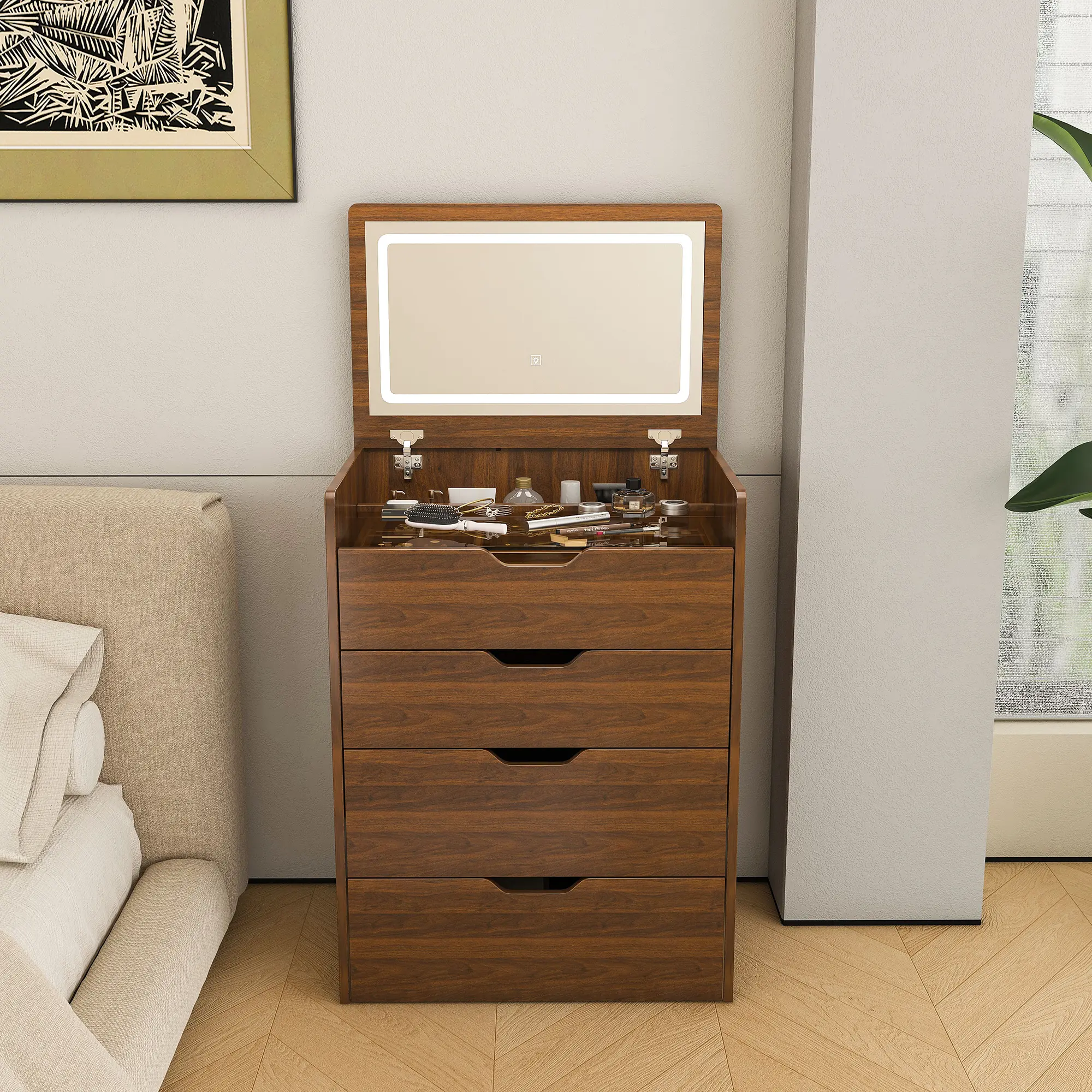 Classic Modern Rustic Walnut 2-in-1 Makeup Vanity Desk - Stable Engineered Wood Flip-Top Dressing Table with Built-in Dimmable Mirror Lights, Drawers, Stool, Compact Storage for Bedroom, Dressing Room (23.62"L, Assembly Required)
