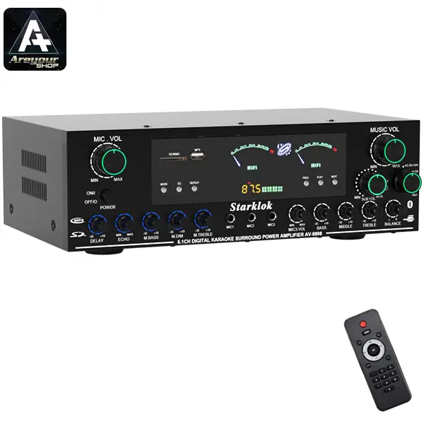 Upgraded Power Amplifier 5.1 Channel Home Karaoke Stereo Subwoofer Amplifier with Remote Control - Bluetooth, Mic Inputs & USB/SD Playback