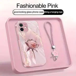 Crystal Rose Art Phone Case with Flower Lanyard | Glossy Glass Feel Smooth 2D Printed Cover | Spring Easter Gift for [iPhone 12] 952