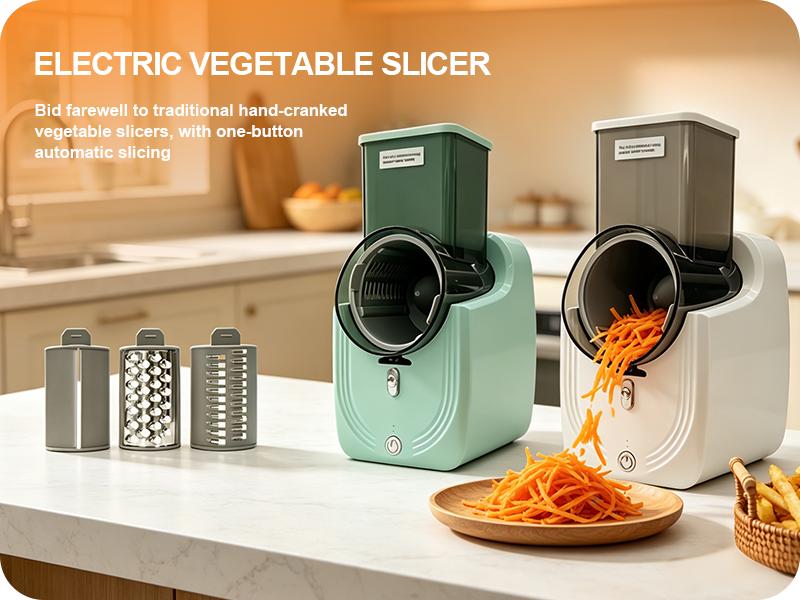 3-in-1 Electric Vegetable Slicer, Fast Kitchen Chopper & Shredder with 3 Blades for Slicing, Shredding & Grinding, Safe Hands-Free Operation