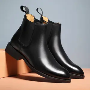 Genuine Leather Chelsea Boots Men Slip On Cowhide Waterproof Pointed Toe High Top Leather Shoes Boy Footwear