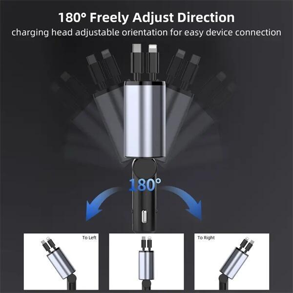 4-in-1 Retractable Fast Car Charger with Voltage Monitor Dual USB Ports for iPhone & Type-C PD QC3.0 AFC MTK FCP Compatible with 12V-24V Cars 4-in-1 Retractable Fast Car Charger with Voltage Monitor Dual USB Ports for iPhone & Type-C PD QC3.0 AFC MTK FCP Compatible with 12V-24V Cars