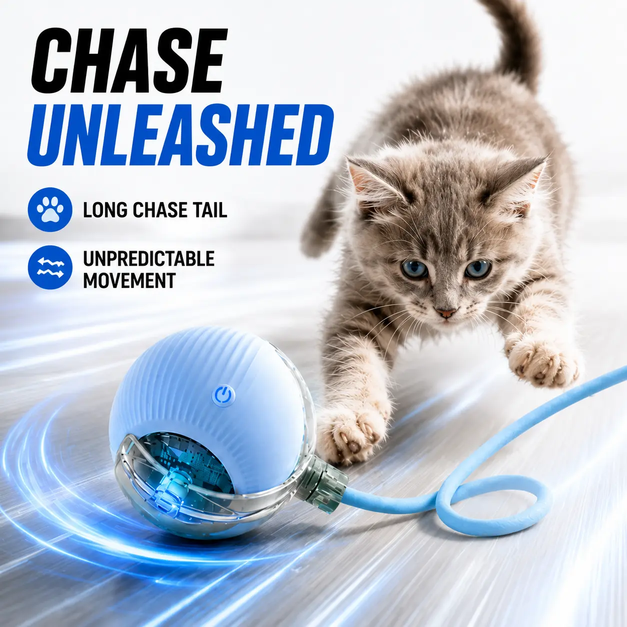 Interactive Cat Chase Ball with Long Rope Tail, Automatic Rolling Moving Cat Toy with Unpredictable Motion, Smart Self-Play Exercise Toy for Indoor Cats & Kittens