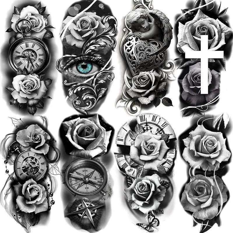 Rose&Cross PatternTemporary Tattoo Sticker, 8 Counts/set Half Arm Sleeve Tattoo Temporary Tattoo Sticker, Body Art Sticker Fake Tattoo for Women & Men, Realistic Tattoos for Men, Gifts for Girfriend , Christmas Gift