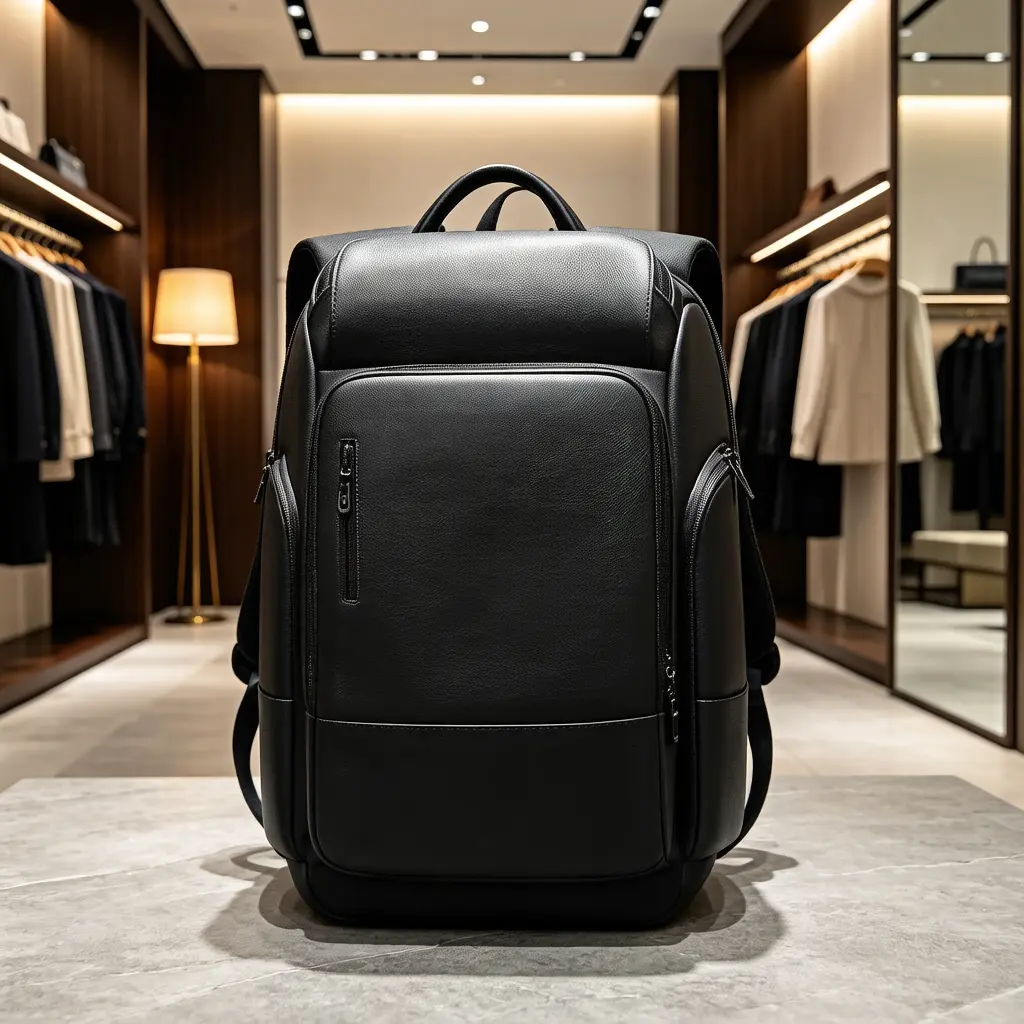 Unisex Black Leather Laptop Backpack - Multi-Pocket, Large-Capacity, Waterproof Plain Bag for Business Work, Office Commute