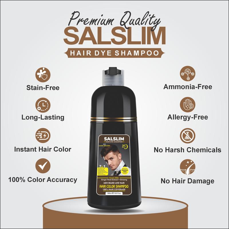 SALSLIM 7-in-1 Men Hair & Beard Dye Shampoo | Instant Gray Coverage | Ammonia-Free | Ginger Root & Ginseng | 500ml