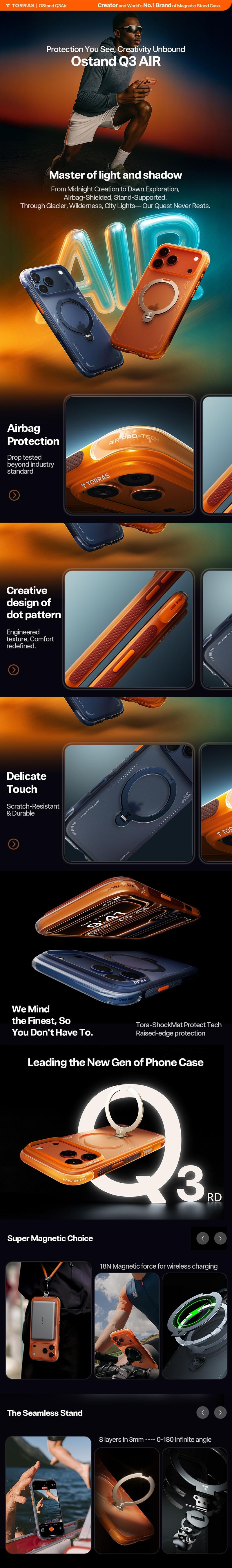 TORRAS Q3Air for iPhone 17/16/15 Pro Max Case with 360° Ring Stand & Airbag Protection 4-Meter Anti-Fall Shockproof Cover