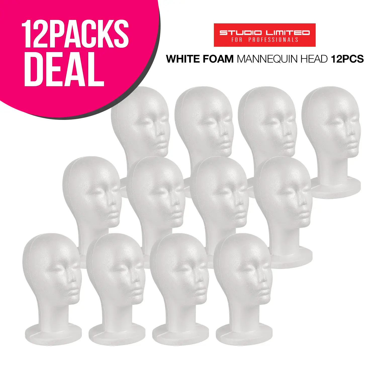 12pcs Studio Limited White Mannequin Head Set - Lightweight Styrofoam Display for DIY Wigs, Clamp Hold Compatibility, Adjustable
