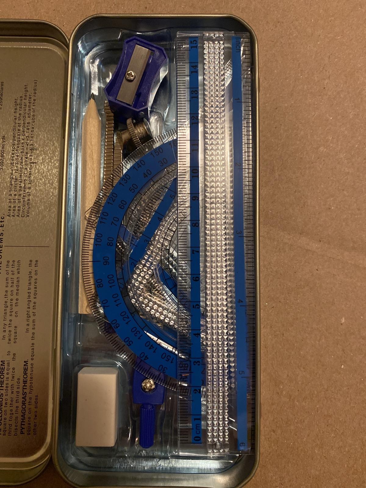 Math kit - compass, protractor, stencil, angles, geometry Metal Metal Plastic