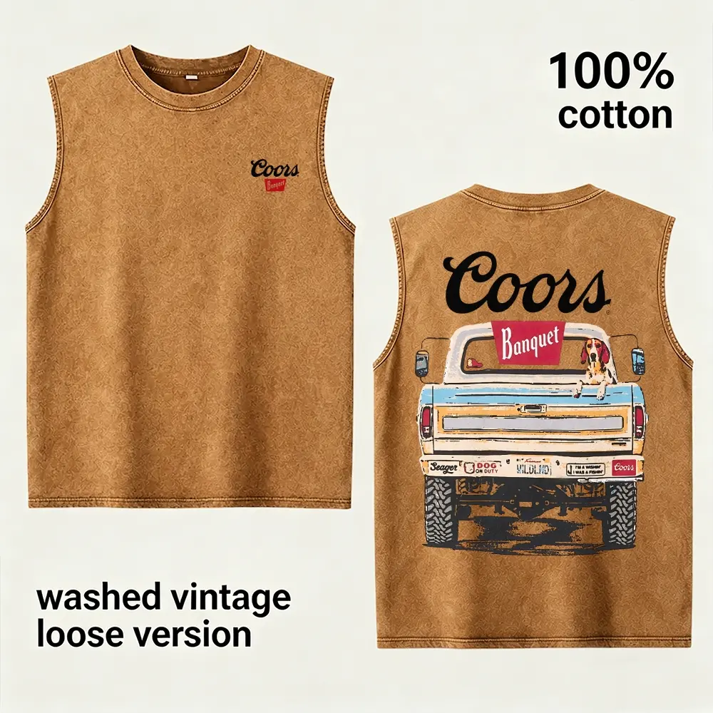 Vintage Washed Retro Pickup Truck Graphic Tank Top 100% Cotton Loose Fit Western Country Dog Print Sleeveless Muscle Vest For Men Casual Outdoor Workout Shirt Distressed Gym