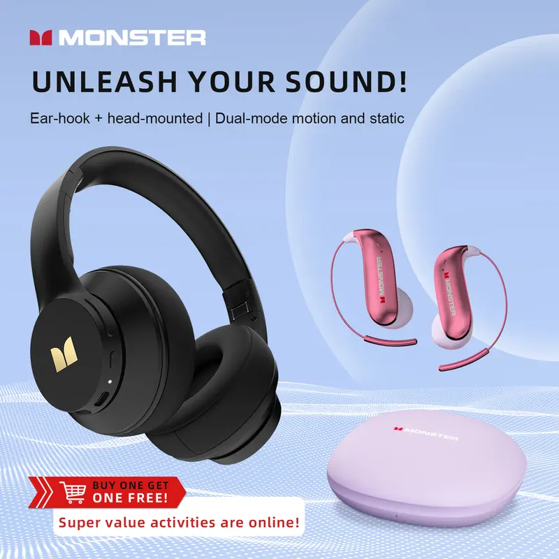 Monster Over-Ear Headphones & EarBuds Bluetooth Combo – Deep Bass, Clear Sound, Noise Cancelling Mic, Zero-Gravity Titanium Ear-Hook, Noise Isolation,Waterproof, 165H Playtime, Foldable Wireless Headset for Travel, Work - TikTokShopBackToSchool, Electroni