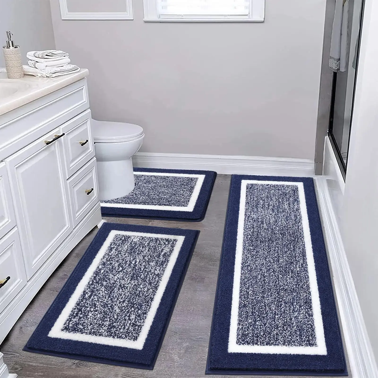 Bule Bathroom Rugs Set 3 Piece Non Slip Washable, Plush Absorbent Microfiber Bath Mat Shower Rug Runner Quick Dry, Super Soft U Shaped Toilet Mats Floor Carpet