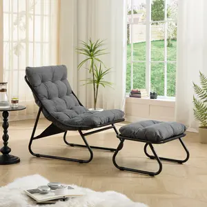 Comfy Lounge Chair with Ottoman & Puffy Cushion, Outdoor Indoor Sling Recliner for Living Room Bedroom Reading Room, Black Frame Grey Beige White Navy Blue Light Green Pink