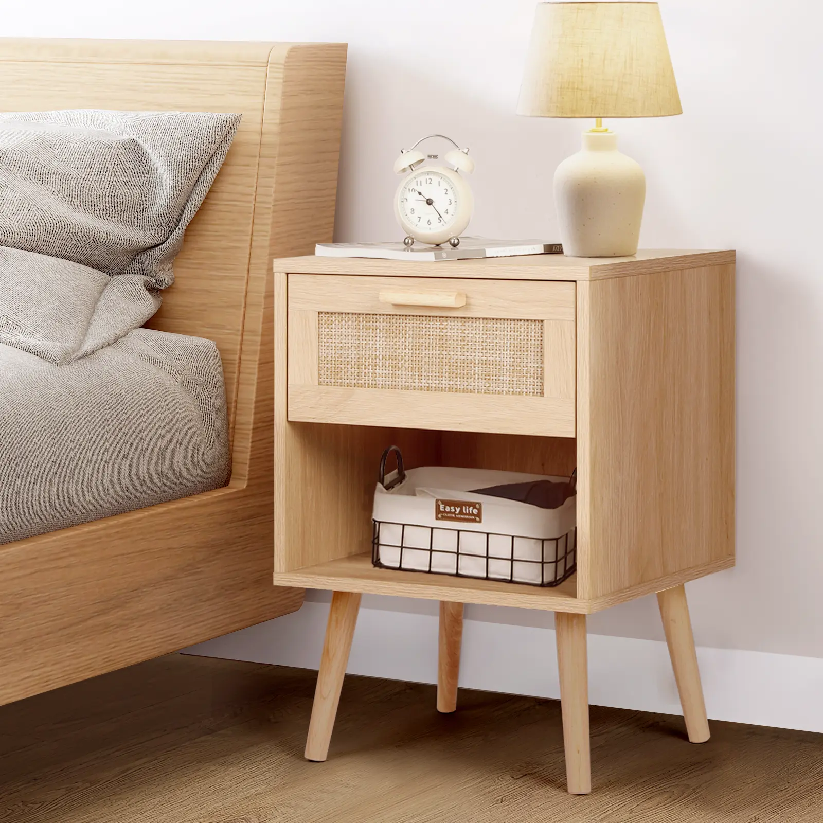 VOWNER Rattan Weave Nightstand with Oak Wood Legged Base, Drawer Shelf & Neutral Tone, Indoor Bedroom Furniture Side Table, Rectangular