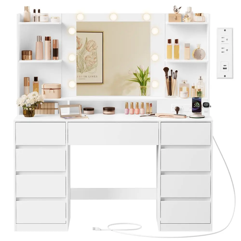 Songmics Minimalist Cloud White Vanity Desk with Mirror and Lights - 9 LED Illuminated Makeup Vanity, 110cm Wide Top Lets You Spread Out, Power Outlets, 9-Drawer Tidy, Anti-Tip Safety Bedroom Furniture