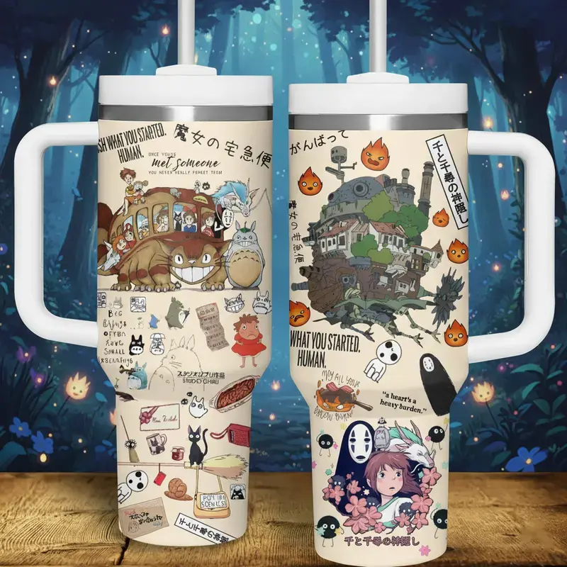 Studio Ghibli Refillable Drinkware with White Handle, Straw, Leak-Proof Lid, Totoro/Howl's Moving Castle/Spirited Away Designs, Portable Smoothie Flask, Perfect Fan Gift