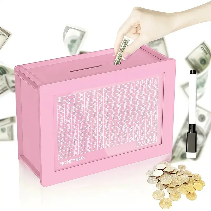 Wooden Secure Cash Vault Savings Box Set - Eco-Friendly Large Reusable Piggy Bank for Child, $10,000-Unit Goal Tracker, Mark Progress Fast Home & Desk Decor Gift, Youth