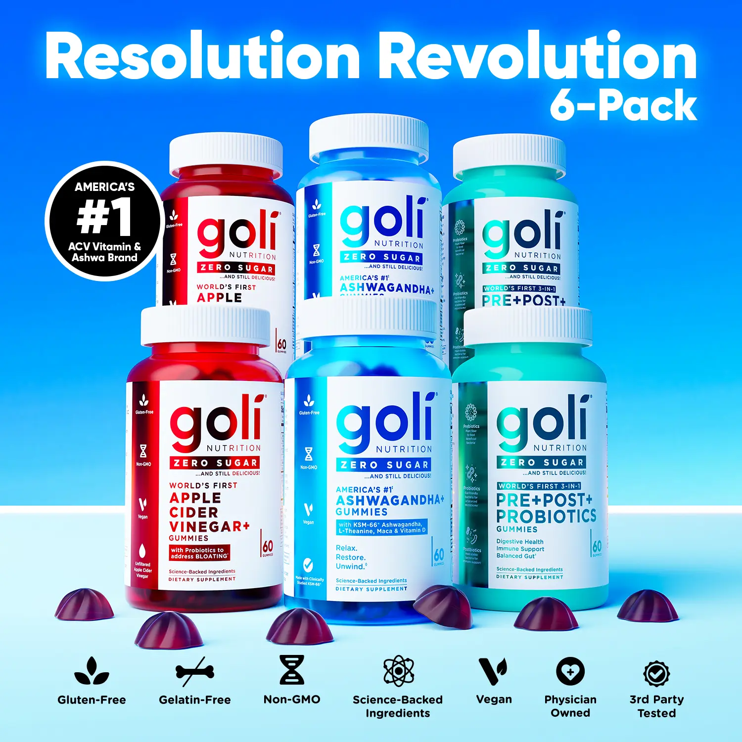 Zero Sugar Best Seller 6 Pack Value Bundle - World's First 3-in-1 Pre, Post, Probiotic, Apple Cider Vinegar with Vitamin B12 and Probiotics To Address Bloating, Ashwagandha & L-Theanine, Vitamin D gummies. Gluten-Free, Vegan, Non-GMO & Gelatin-Free