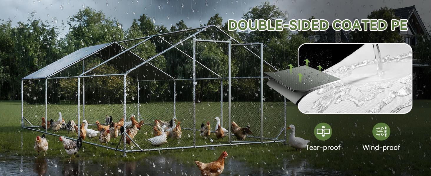Chicken Coop Metal Large Cover Wire，spire Peak Roof Security Lock Waterproof Outdoor Poultry Enclosure for Yard & Farm Metal Poultry Coop Chicken Cage Enclosed Enclosed Poultry Hutch