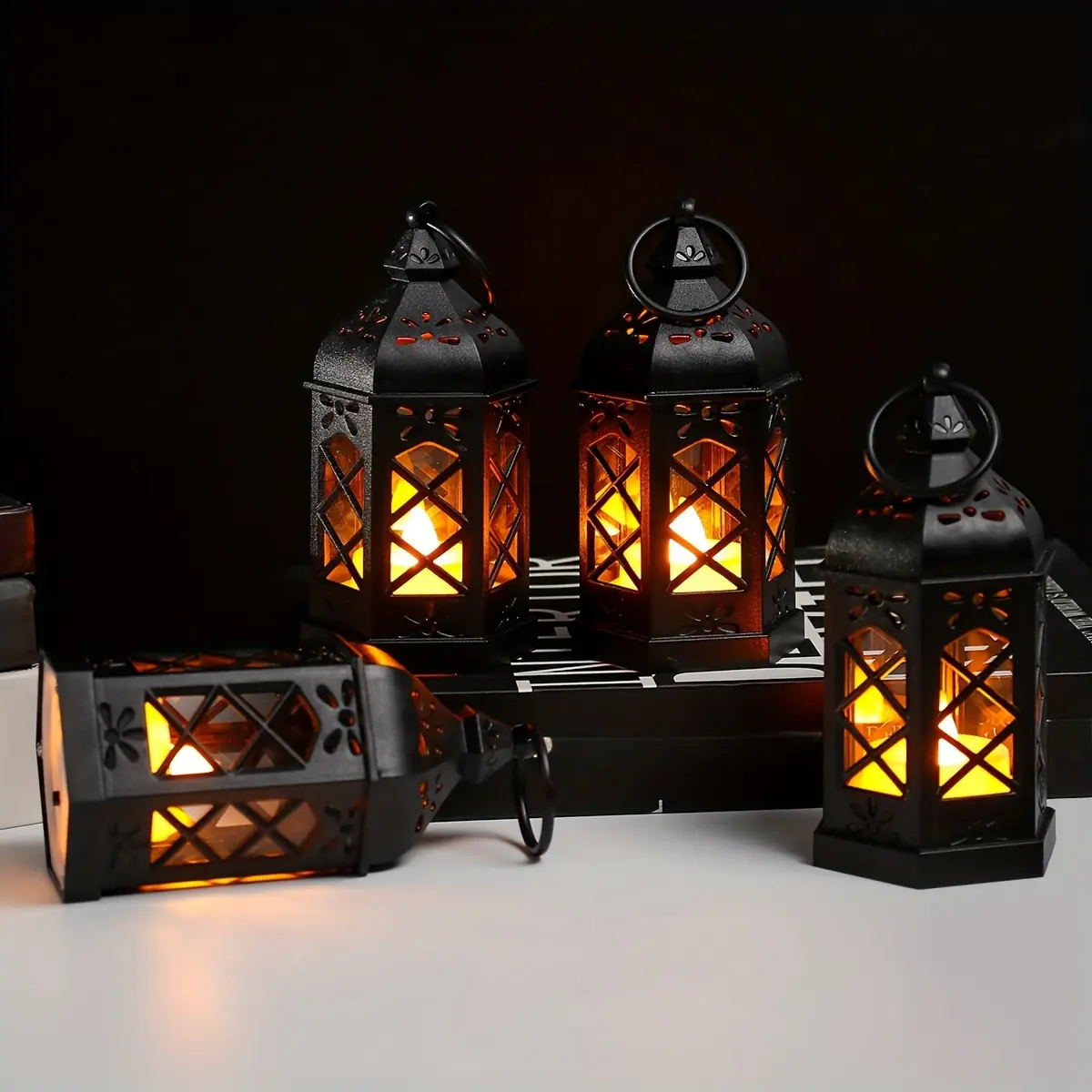 Micrency 12-Pack Black Hexagonal Vintage European LED Electronic Candle Pendant Lanterns - 12pcs Black Hexagonal Wind Light Box Set, ABS Plastic, 9.4x7.7x5.1", LED Powered Warm Glow Indoor-Outdoor Festive Decor Supplies