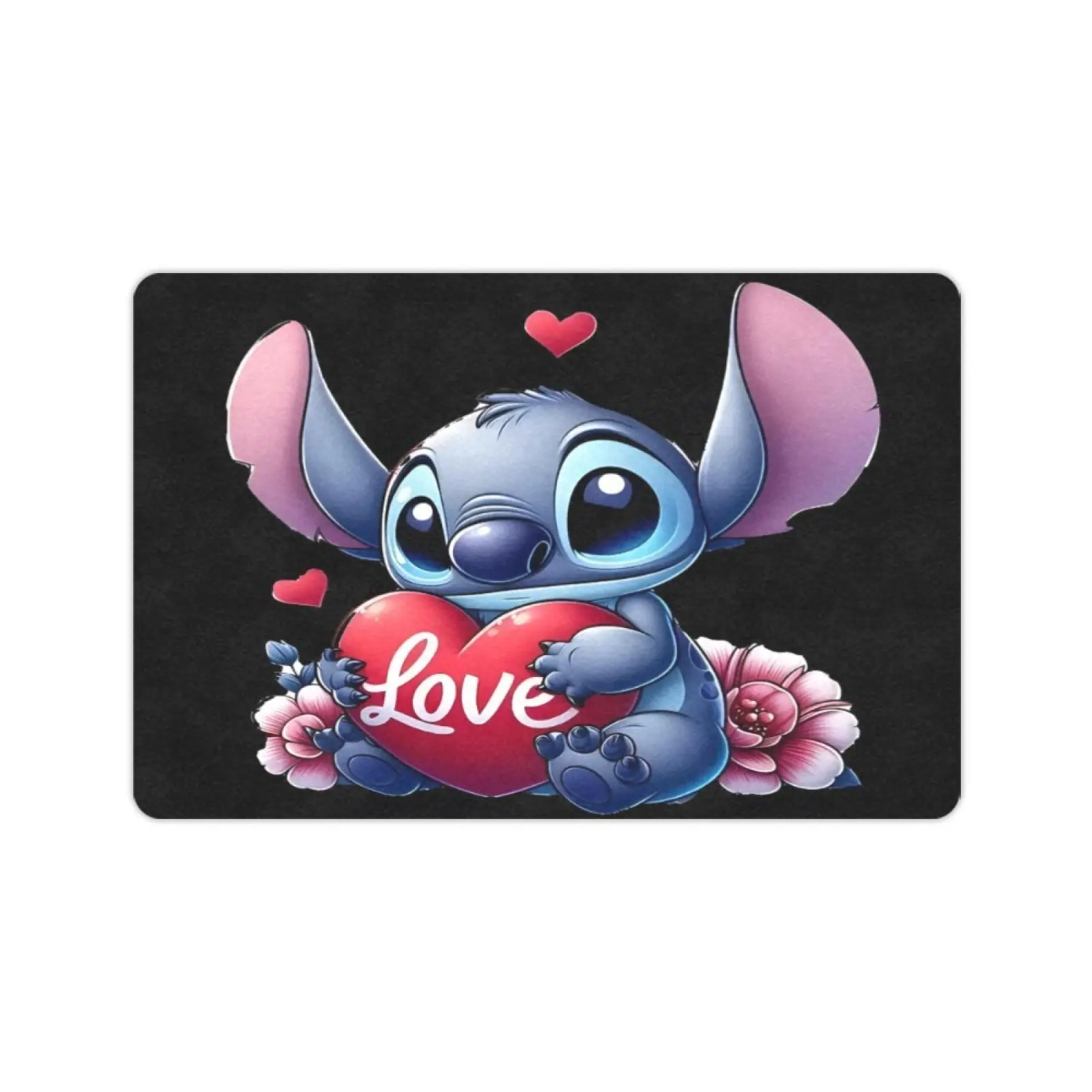 Disney Classic Stitch Love Heart Floral Print Rectangular Polyester Bath Mat, Anti-Slip Low-Profile Floor Rug, Multi-Size 23.5×15.5 in Cute Cartoon Anime Mat for Home Bedroom Entrance Decor, 28×17 In