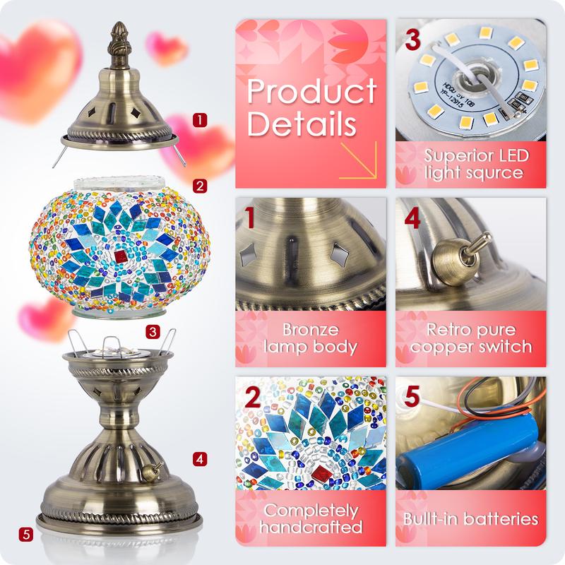 Yarra-Decor Turkish Moroccan Lamp with Bronze Base Handmade Tiffany Mosaic Glass Portable Bedside Lamp Rechargeable 2000mAh LED Bulb Blue1 Illuminated Lantern Modern Design Ideal Gift Christmas gifts Adjustable Brightness Lights Valentine's Day gifts