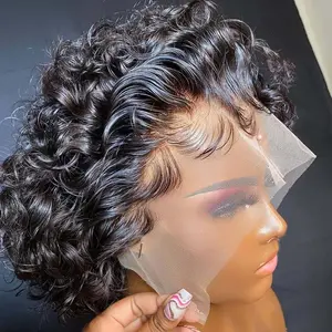Short Curly Lace Wigs Human Hair Pixie Cut Wig for Black Women 13x4 HD Transparent Pixie Cut Curly Lace Front Wigs Human Hair 150% Density Pre Plucked Glueless Wigs Burgundy