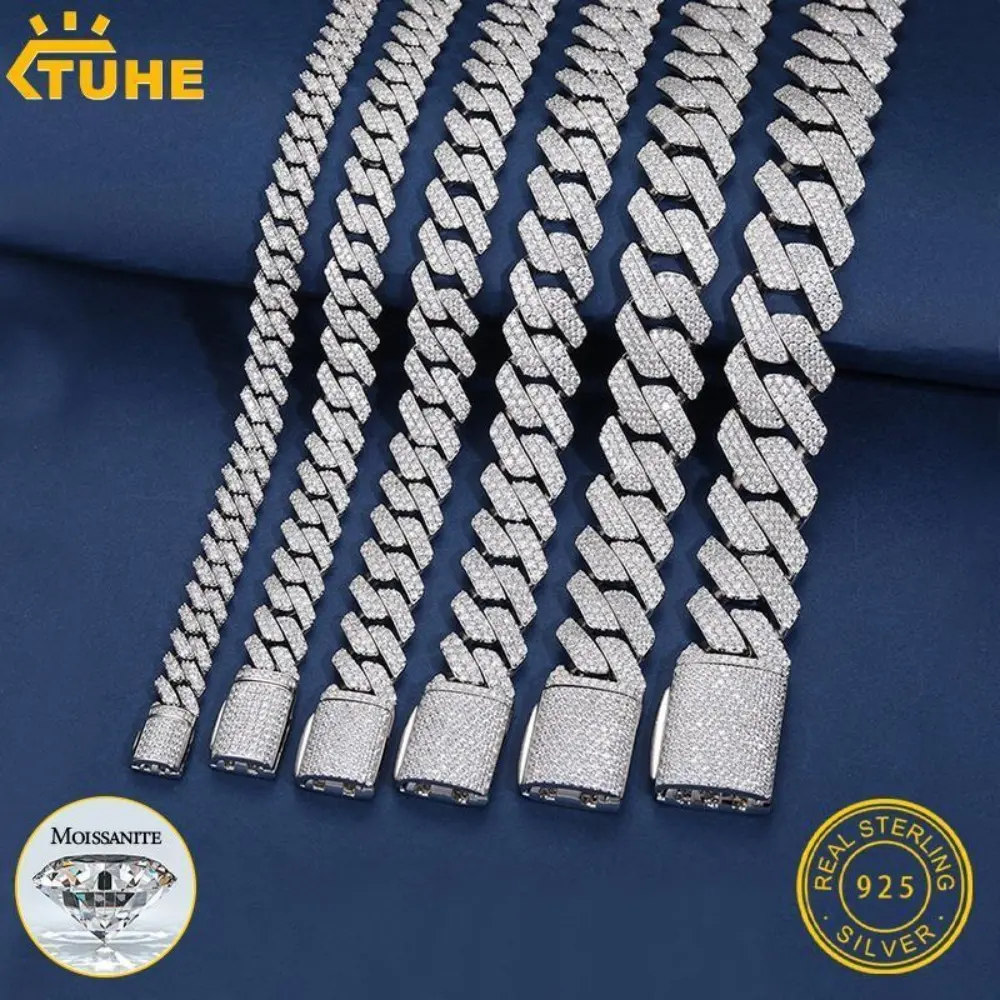 Unisex D Color Moissanite Cuban Chain Necklace 925 Silver For Men Women Hip Hop Jewelry Gift