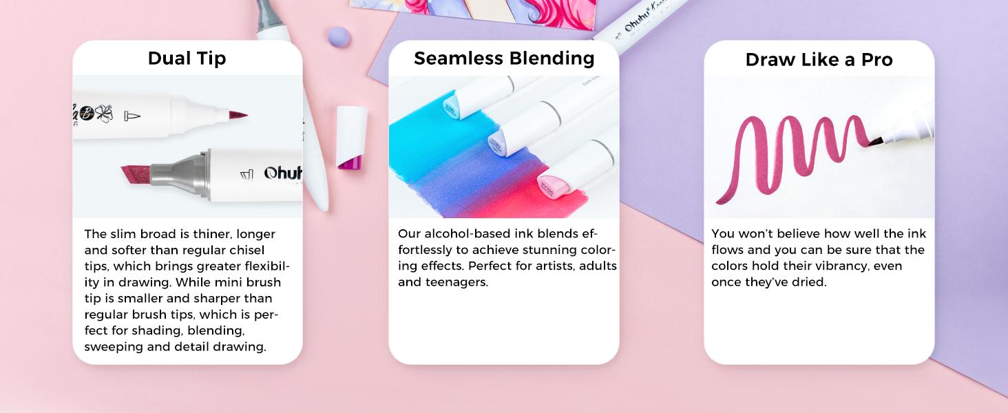 Ohuhu Alcohol Markers: Mini Brush & Slim Broad - 60 Illustration Colors - Dual Tip Brush Tip Alcohol-based Art Marker for Artists Adults Coloring Illustration- Refillable - Kaala B Series of Ohuhuart