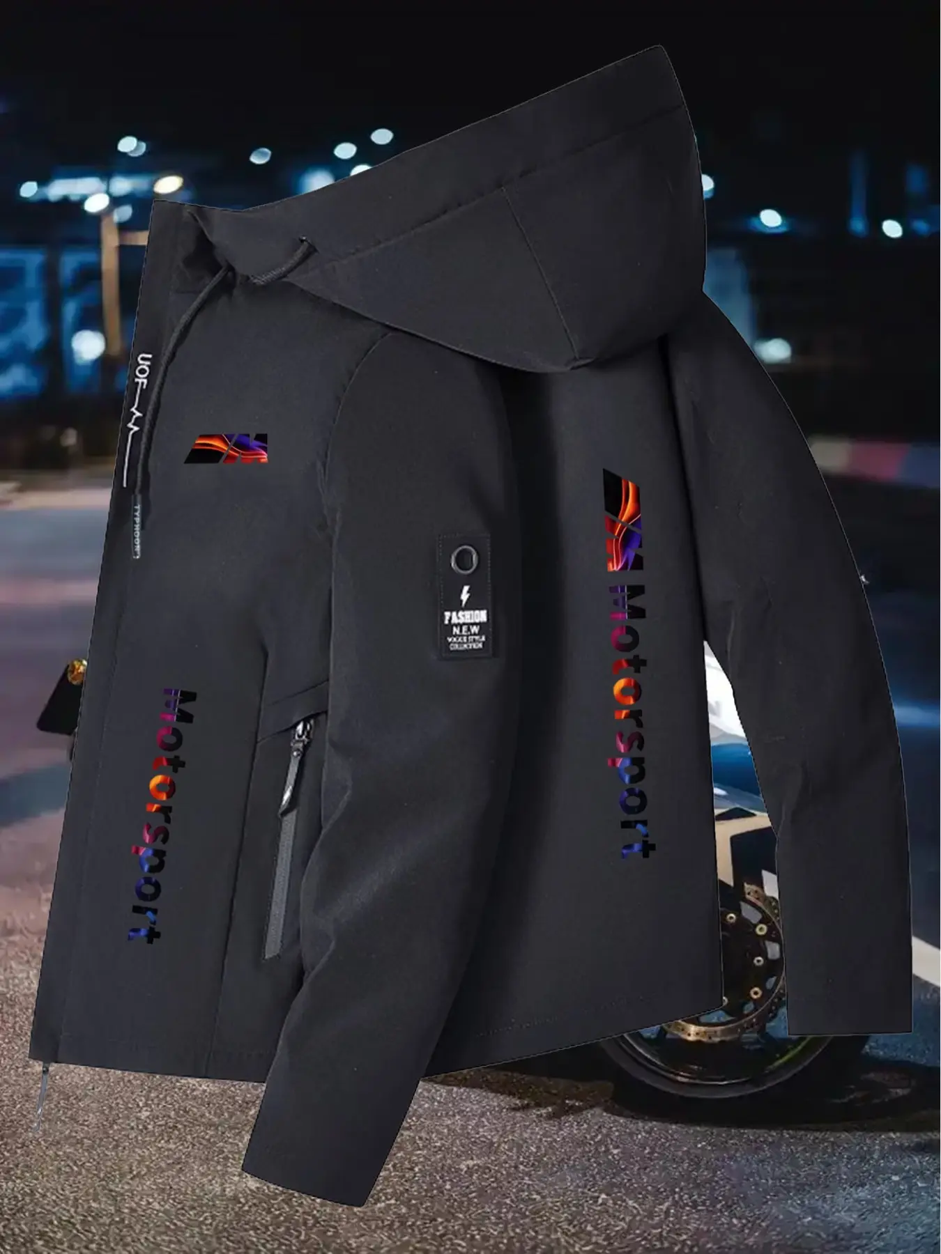 Men's Blue Zipper Hoodie Jacket with Motorcycle Badge Pocket, Soft Windproof Outerwear, Casual Winter Coat for Cold Weather
