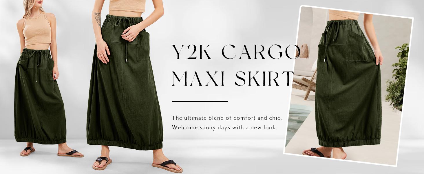 CHARTOU Women Baggy Parachute Skirt Comfy Casual Cotton Y2k Cargo Maxi Long Skirt
