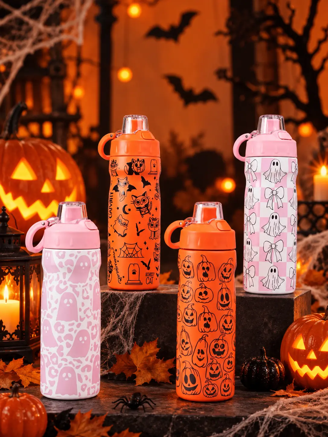 ATLIST 18 oz Stylish Halloween Stainless Steel Insulated Beverage Bottle for Women, Cute Pink Checkered Flask with Button Pop-Up Straw Lid, Double Wall Leak-Proof Tumbler, Dual Sip & Chug, Carry Handle, Fits Gym Cup Holder, Halloween Gift