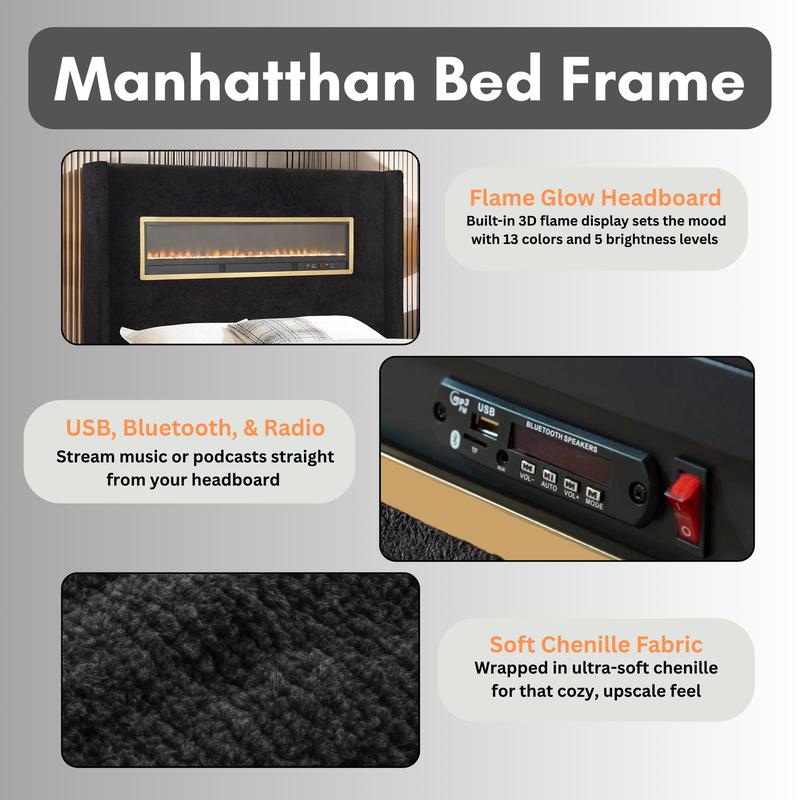 Manhattan Platform Bed with 3D Flame Headboard, Bluetooth Audio, USB Charging Ports
