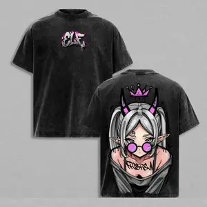 Frieren Streetwear Vintage Washed Anime T-Shirt | Demon Elf Girl Purple Crown Graphic Tee | Oversized Retro Shirt | Heavy Cotton Grunge Gift for Frieren Fans Unisex couple T-shirts