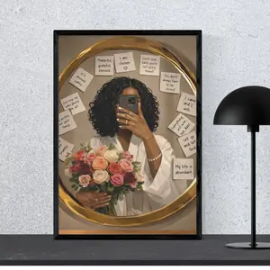 Black Woman Mirror Art Print, Affirmation Wall Art, Self Love Inspirational Poster, Floral Black Girl Art Decor